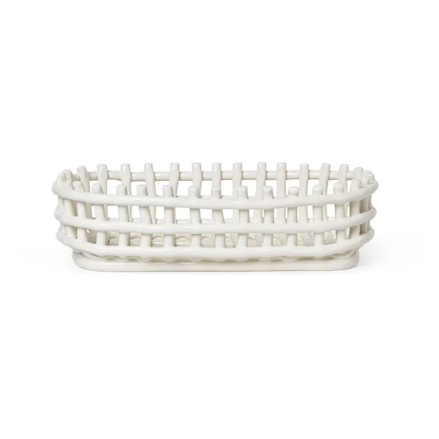 Ferm Living Ceramic gevlochten mand ovaal 15x30 cm, Off white< Opbergmanden