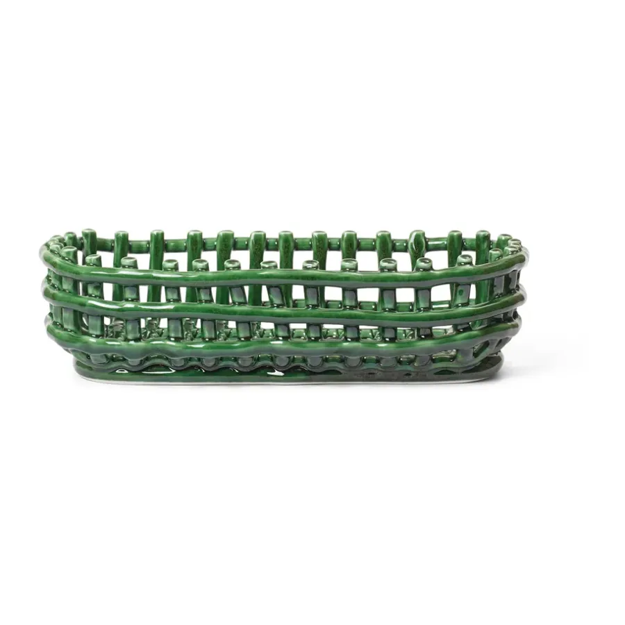 Ferm Living Ceramic gevlochten mand ovaal 15x30 cm, Emerald Green< Opbergmanden
