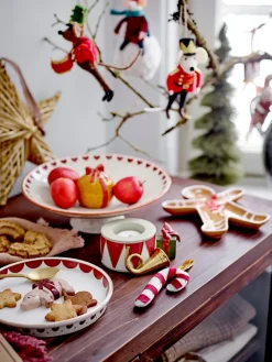 Bloomingville Jolly serveerschaal op voet Ø24 cm, Wit-rood< Kerstdecoraties|Decoratieve Schalen