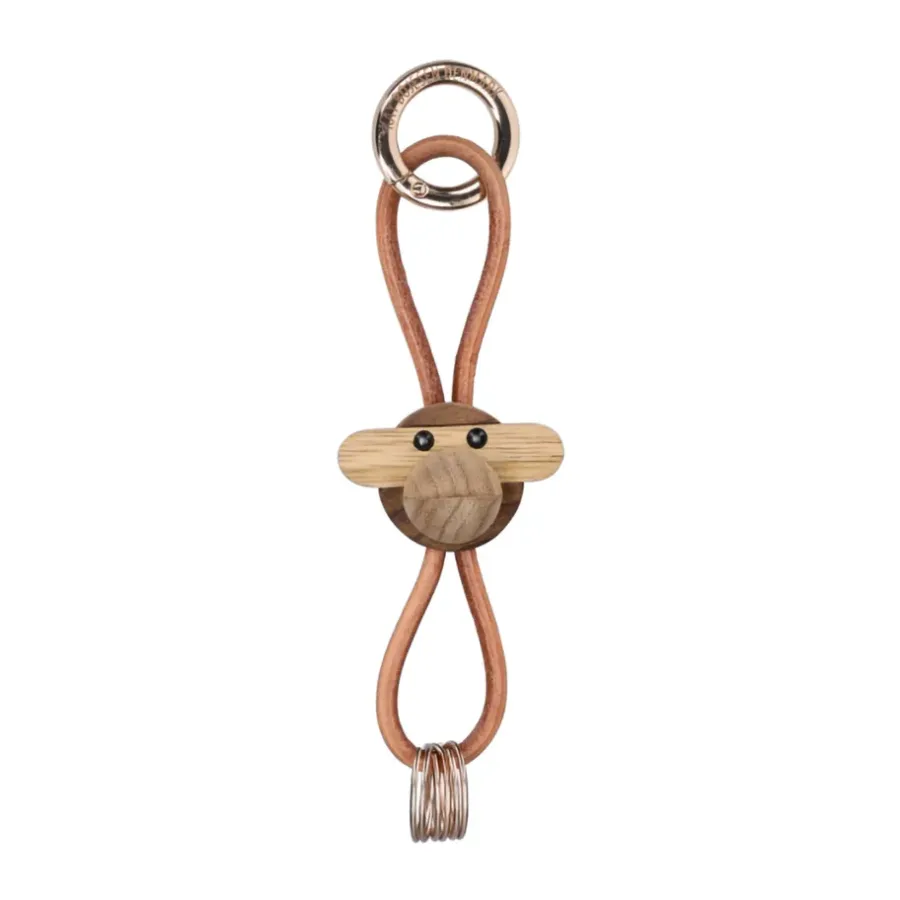 Kay Bojesen Denmark Kaj Bojesen aap sleutelhanger, Teak-limba hout, naturel leer< Houten Beelden