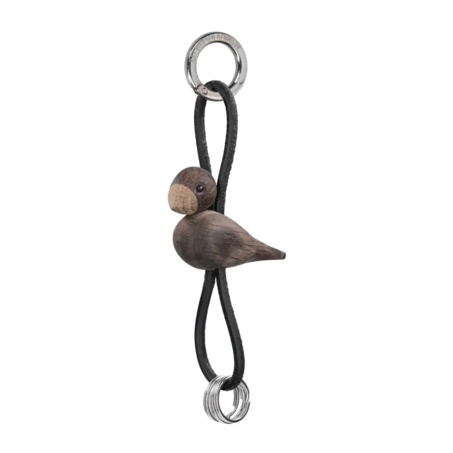 Kay Bojesen Denmark Kaj Bojesen vogel sleutelhanger, Gerookt eiken, zwart leer< Houten Beelden