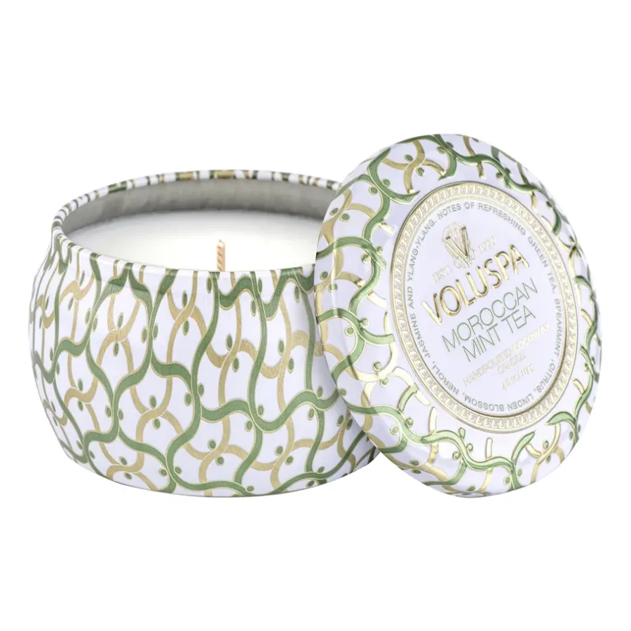 Voluspa Maison Blanc Mini Tin geurkaars 25 uur, Moroccan Mint Tea< Geurkaarsen & Aroma Diffusers