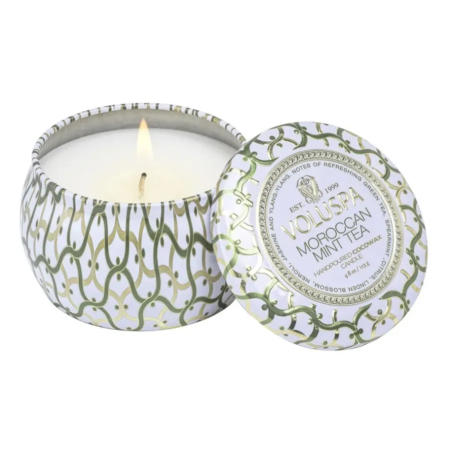 Voluspa Maison Blanc Mini Tin geurkaars 25 uur, Moroccan Mint Tea< Geurkaarsen & Aroma Diffusers