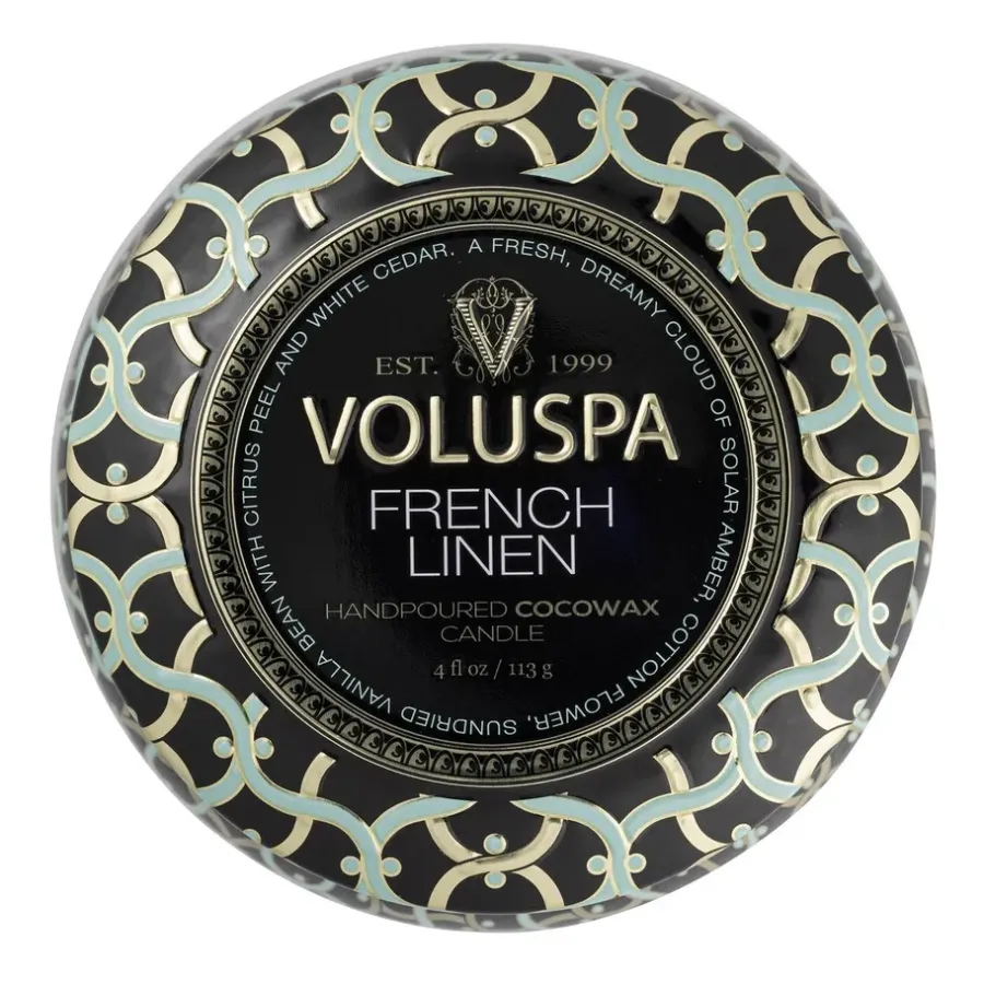 Voluspa Maison Noir Mini Tin geurkaars 25 uur, French Linen< Geurkaarsen & Aroma Diffusers