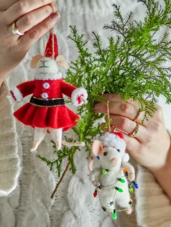 Bloomingville Peo kerstornament muis 2-delig, Wit-rood< Kerstdecoraties