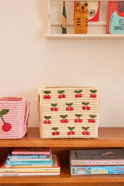 RICE raffiamand met handvat 30x30 cm, Kers< Opbergmanden
