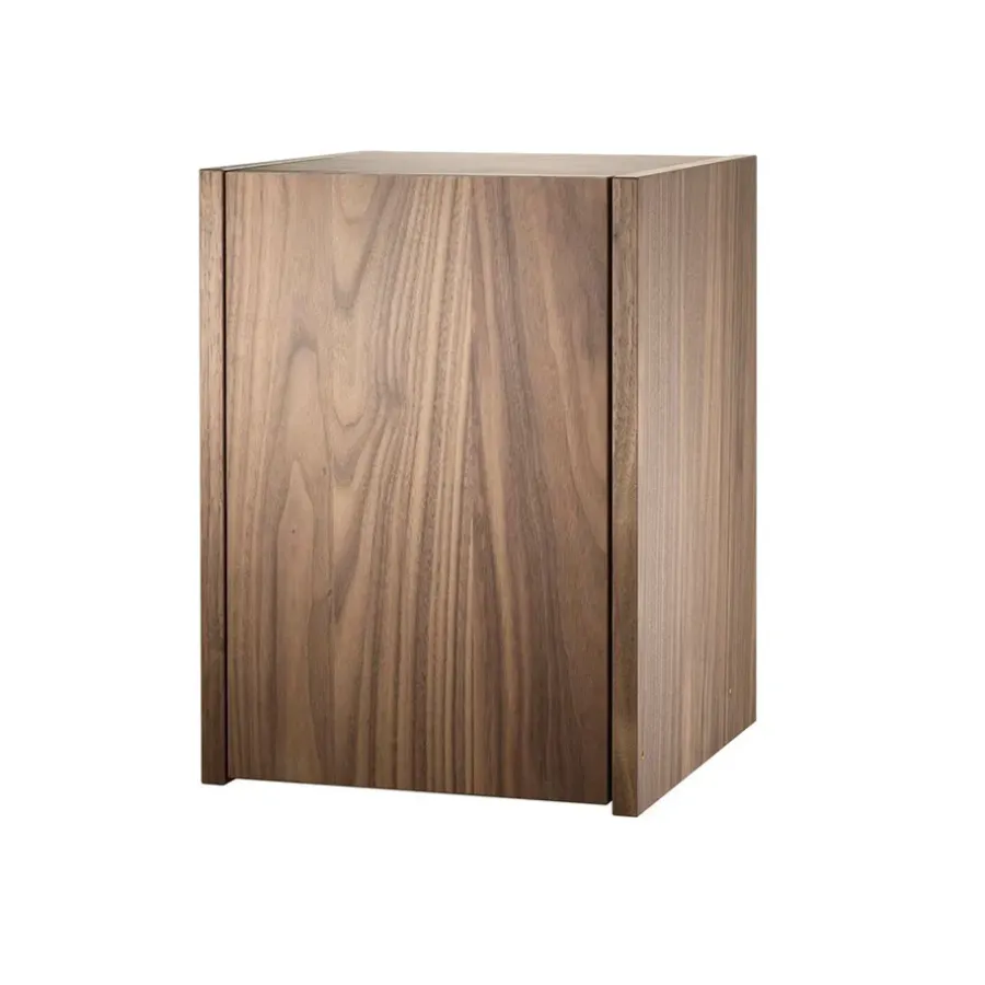String klein kastelement, walnoot, binnenkant deur roestvrij staal, achterkant in spiegelglas< Kasten & Vitrines