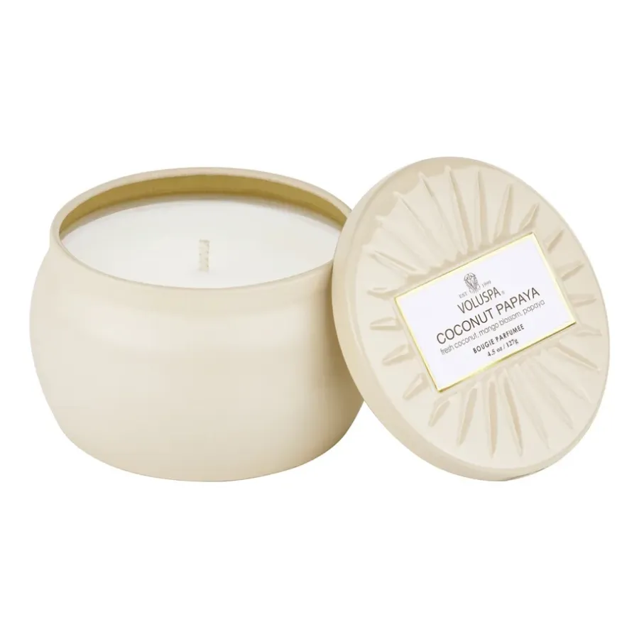 Voluspa Vermeil Mini Tin geurkaars 25 uur, Coconut Papaya< Geurkaarsen & Aroma Diffusers